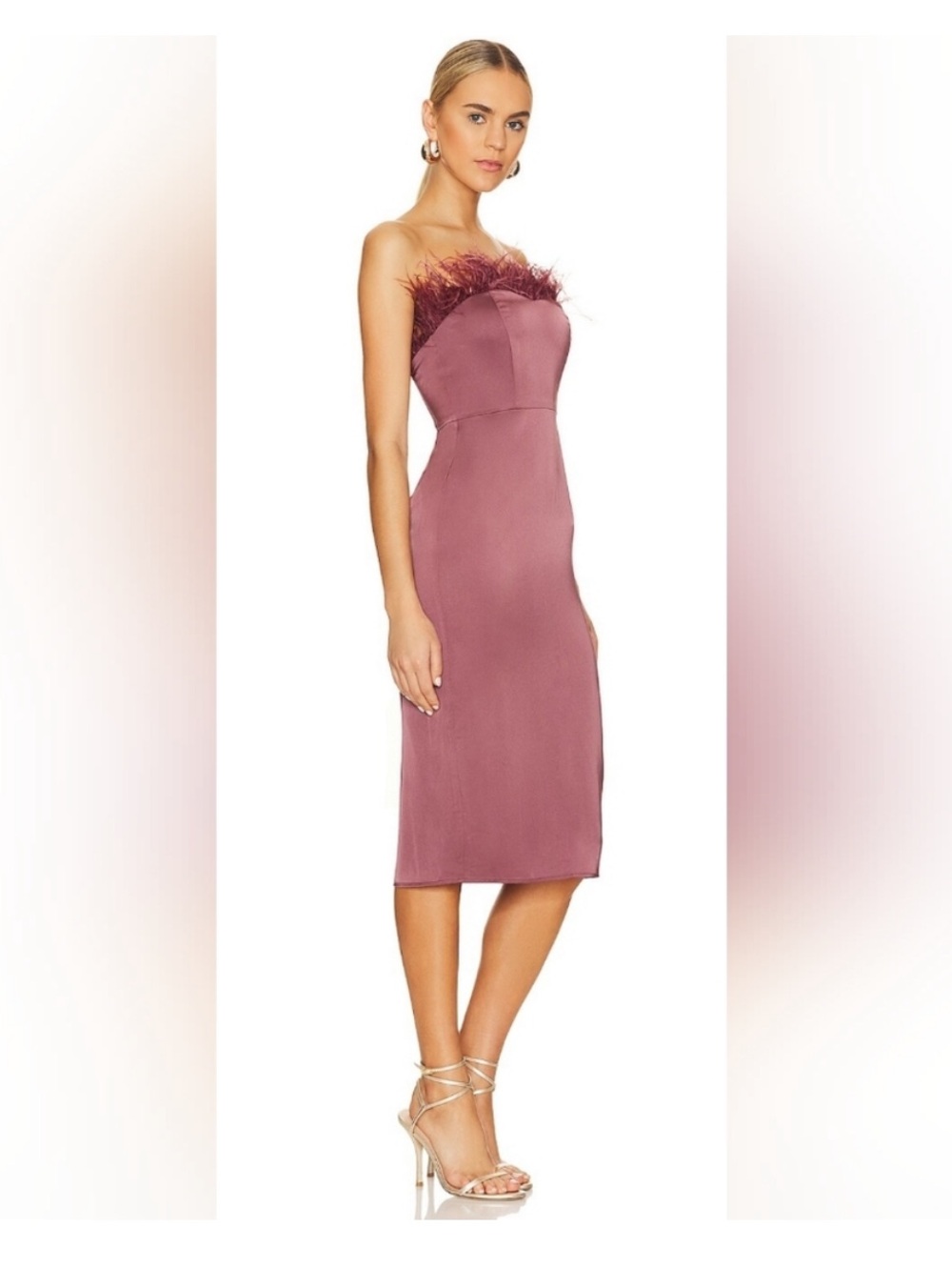 “Aurora” dress, rose satin with peacock feathers